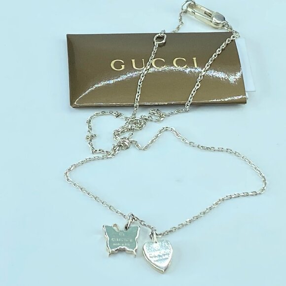 Vintage Authentic Gucci Butterfly Heart Necklace Italy w Dust Bag 7.2g 18" GS329 - Picture 1 of 5